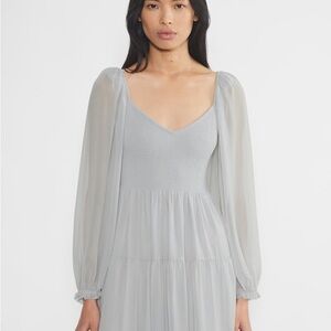 Aritzia Light Gray Long-Sleeve Chiffon Tiered Midi Dress